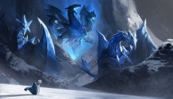 Rule 34 | 1boy, brionac dragon of the ice barrier, cape, commentary request, dragon, duel monster, epic, gungnir dragon of the ice barrier, holding, holding staff, ice, ice dragon, monster, mountain, multiple heads, prior of the ice barrier, scenery, sihai (wsskdywe), snow, staff, standing, trishula dragon of the ice barrier, yu-gi-oh!