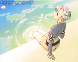 Rule 34 | 10s, 1girl, 2012, arm support, ass, belt, belt skirt, blue hair, blush, bodysuit, border, braid, breasts, character name, cloud, copyright name, cropped jacket, dated, detached sleeves, dutch angle, fin e ld si laffinty, flower, french braid, from above, full body, hair flower, hair ornament, highleg, highleg leotard, jacket, leotard, looking up, partially submerged, petals, pigpen, pilot suit, purple eyes, reflection, rinne no lagrange, ripples, short hair, sidelocks, sitting, sleeves past wrists, small breasts, soaking feet, solo, turtleneck, water, white legwear