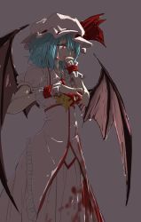 Rule 34 | 1girl, backlighting, bat wings, blood, blood on clothes, blood on face, blood on hands, bloody hand, blue hair, brooch, crying, darjeeling (reley), dark, dress, flat chest, frilled shirt, frilled shirt collar, frills, hair between eyes, hand up, hat, highres, jewelry, light, long skirt, mob cap, pink hat, pink shirt, pink skirt, puffy short sleeves, puffy sleeves, purple background, red eyes, remilia scarlet, shirt, short hair, short sleeves, simple background, skirt, solo, standing, streaming tears, tears, touhou, upset, wings, wrist cuffs