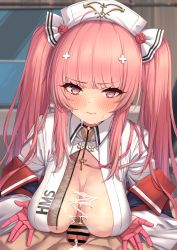 Rule 34 | 1boy, 1girl, absurdres, after paizuri, ahoge, azur lane, bar censor, blush, breasts, breasts apart, censored, closed mouth, collared dress, cum, cum on body, cum on breasts, cum on upper body, cumdrip, dress, facial, gloves, hair ornament, half gloves, hat, highres, indoors, large breasts, long hair, looking at viewer, momo no sukebe, nurse, nurse cap, penis, perseus (azur lane), perseus (unfamiliar duties) (azur lane), pink eyes, pink gloves, pink hair, pov, solo focus, twintails, very long hair, white dress, white headwear, x hair ornament