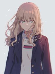 Rule 34 | 1girl, :|, black jacket, blazer, brown hair, closed mouth, collared shirt, dot nose, green eyes, grey background, gridman universe, hair between eyes, highres, jacket, long hair, long sleeves, looking at viewer, mikazuchi zeus, minami yume, open clothes, open jacket, parted lips, ringlets, school uniform, shirt, simple background, solo, ssss.dynazenon, sweater, upper body, white shirt, yellow sweater