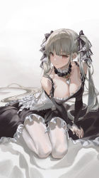 Rule 34 | 1girl, absurdres, apron, arm support, azur lane, between breasts, black dress, blunt bangs, blush, bow, breasts, choker, cleavage, closed mouth, clothing cutout, commentary, cross-laced clothes, dot nose, dress, earrings, formidable (azur lane), frilled apron, frilled choker, frilled dress, frills, gothic lolita, grey hair, hair ribbon, highres, hy (hem oo), jewelry, large breasts, lolita fashion, long hair, long sleeves, low neckline, pantyhose, red eyes, ribbon, shoulder cutout, sidelocks, simple background, sitting, sleeves past wrists, smile, solo, twintails, two-tone ribbon, very long hair, white bow, white pantyhose, yokozuwari