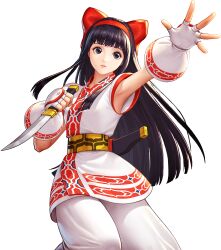 Rule 34 | 1girl, ainu clothes, arm up, armpits, black hair, breasts, clenched hand, fingerless gloves, gloves, grey eyes, hair ribbon, highres, legs, long hair, looking at viewer, nakoruru, official art, outstretched arm, pants, parted lips, pink lips, ribbon, samurai spirits, small breasts, snk, solo, the king of fighters, the king of fighters all-stars, the king of fighters xiv, thighs, weapon