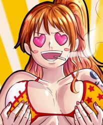 Rule 34 | 1girl, arm tattoo, blue tattoo, breasts, cigarette, grabbing own breast, heart, heart-shaped pupils, large breasts, mifenami, nail polish, nami (one piece), one piece, orange hair, pink nails, sanji (one piece), shoulder tattoo, smoking, symbol-shaped pupils, tattoo, upper body