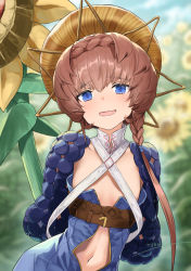 Rule 34 | 1girl, :d, arms behind back, blue eyes, blurry, blurry background, blush, braid, brown headwear, day, depth of field, fate/grand order, fate (series), flat chest, flower, long hair, long sleeves, looking at viewer, navel, open mouth, outdoors, revealing clothes, single braid, smile, solo, striped clothes, striped headwear, sunflower, tyone, upper body, van gogh (fate)