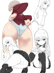 Rule 34 | 1girl, absurdres, adjusting clothes, adjusting panties, arms behind back, ass, blue eyes, blush, closed mouth, commentary, crotch seam, dress shirt, from behind, frown, garrison cap, girls und panzer, glaring, grey panties, greyscale, hat, highres, hugging own legs, insignia, itsumi erika, jacket, kuromorimine military uniform, kuromorimine school uniform, light blush, long hair, long sleeves, looking at viewer, looking back, lying, military, military uniform, miniskirt, monochrome, multiple views, no pants, on side, open mouth, panties, pantyshot, parted lips, partially colored, pleated skirt, red shirt, school uniform, shirt, silver hair, sitting, sketch, skirt, socks, standing, sweatdrop, underwear, uniform, v-shaped eyebrows, wedgie, wing collar, yabai gorilla