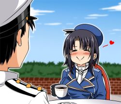 Rule 34 | 10s, 1boy, 1girl, admiral (kancolle), admiral shiro (shino), beret, black hair, blue sky, blunt bangs, blush, brick wall, cafe, chair, closed eyes, cloud, coffee cup, comic, commentary request, cup, day, disposable cup, epaulettes, gloves, hat, heart, jacket, kantai collection, military, military hat, military uniform, neckerchief, peaked cap, plate, shino (ponjiyuusu), sidelocks, sitting, sky, smile, table, takao (kancolle), translation request, uniform