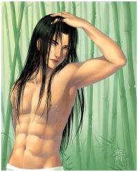Rule 34 | 1boy, abs, armpits, arms up, bamboo, bare shoulders, black hair, hyuuga neji, long hair, male focus, muscular, naruto, naruto (series), nature, navel, nipples, outdoors, qinni, topless male, solo, standing, sweat, towel, very long hair, water, white eyes