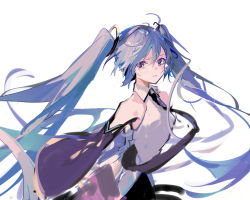 Rule 34 | 1girl, armpit peek, black necktie, blue eyes, blue hair, breasts, floating hair, hatsune miku, long hair, looking at viewer, looking to the side, mamenomoto, necktie, shirt, sleeveless, sleeveless shirt, small breasts, solo, twintails, very long hair, vocaloid, white background, wide sleeves