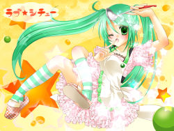 Rule 34 | 1girl, apron, bad id, bad pixiv id, blush, dress, frills, green eyes, green hair, hatsune miku, highres, iroha (hime0x0), kneehighs, ladle, long hair, matching hair/eyes, one eye closed, patterned legwear, print dress, sitting, slippers, socks, solo, striped clothes, striped socks, twintails, vocaloid, wink
