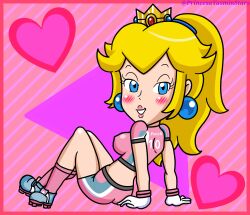 Rule 34 | 1girl, absurdres, arm support, artist name, ass, blonde hair, blue eyes, blush, breasts, gloves, heart, highres, large breasts, long hair, looking at viewer, looking back, mario (series), midriff, nintendo, pink lips, ponytail, princess, princess peach, seductive smile, shorts, sideboob, sitting, smile, soccer uniform, solo, sportswear, super mario strikers