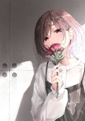 Rule 34 | 1girl, absurdres, blouse, brown eyes, clothing request, covering own mouth, flower, fuu (fuore), hair ornament, highres, higuchi madoka, idolmaster, idolmaster shiny colors, light brown hair, long sleeves, looking at viewer, shirt, solo, standing, sunlight, wall