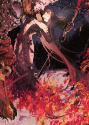 Rule 34 | 1boy, 1girl, absurdres, arm up, black dress, black gloves, branch, breasts, brown eyes, brown hair, commentary, crying, crying with eyes open, dress, earrings, elbow gloves, fate/grand order, fate (series), flower, gloves, highres, holding, holding sword, holding weapon, jewelry, katana, long hair, looking at another, medium breasts, open mouth, outdoors, petals, qiuyun62303677, red flower, red lips, sleeveless, sleeveless dress, swept bangs, sword, tears, teeth, upper teeth only, very long hair, weapon, xiang yu (fate), yu mei-ren (fate)