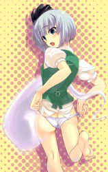 Rule 34 | 1girl, adjusting clothes, adjusting panties, ass, bad id, bad pixiv id, barefoot, blue eyes, feet, female focus, from behind, ghost, hairband, halftone, halftone background, hitodama, kneepits, konpaku youmu, konpaku youmu (ghost), looking back, nksk, no pants, open mouth, panties, short hair, silver hair, soles, solo, standing, standing on one leg, touhou, underwear