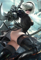 Rule 34 | artist name, black dress, blindfold, cleavage cutout, clothing cutout, commentary, covered eyes, dress, mole, mole under mouth, nier (series), nier:automata, pink lips, puffy sleeves, sakimichan, sword, watermark, weapon, weapon on back, white hair, yamasaki haruta, 2b (nier:automata)