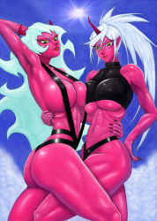Rule 34 | 10s, 2girls, ass, breasts, colored skin, horns, kneesocks (psg), large breasts, long hair, multiple girls, panty &amp; stocking with garterbelt, red skin, scanty (psg), single horn, sun, weizenbkd
