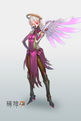 Rule 34 | 1girl, adapted costume, blizzard (company), bodysuit, cosplay, crossover, gloves, halo, highres, kishin sagume, mechanical halo, mechanical wings, mercy (overwatch), mercy (overwatch) (cosplay), overwatch, overwatch 1, pantyhose, pelvic curtain, red eyes, short hair, single wing, touhou, white hair, wings, zhengyifan7
