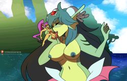 Rule 34 | 2girls, animated, animated gif, breasts, colored nipples, colored skin, cunnilingus, giant, giantess, giga mermaid, green hair, green nipples, green skin, hair ornament, kinkymation, large breasts, long hair, monster girl, multiple girls, nipples, nude, ocean, oral, outdoors, ponytail, purple eyes, shantae, shantae (series), size difference, spread legs, uncensored, yuri