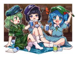 Rule 34 | 3girls, @ @, arm support, arm up, beer can, bloomers, blue eyes, blue hair, blue headwear, blunt bangs, blush, cabbie hat, camouflage, camouflage headwear, camouflage jacket, can, collar, commentary request, crossed legs, cucumber, cup, dark blue hair, drink can, drooling, drunk, eyelashes, frilled collar, frills, green hair, green headwear, greyscale, hair bobbles, hair ornament, hat, highres, holding, holding can, howhow notei, indian style, jacket, kawashiro nitori, key, long hair, looking at another, monochrome, mug, multiple girls, open mouth, pocket, puffy short sleeves, puffy sleeves, short hair, short sleeves, sitting, sleeves rolled up, socks, squeans, touhou, two side up, underwear, v-shaped eyebrows, wavy hair, yamashiro takane