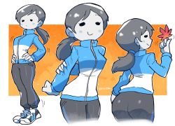 Rule 34 | 1girl, absurdres, ass, black pants, blush stickers, closed mouth, colored skin, full body, grey hair, grey skin, highres, holding, holding leaf, jacket, leaf, long sleeves, looking at viewer, multiple views, nintendo, pants, ponytail, rariatto (ganguri), shoes, smile, wii fit, wii fit trainer, wii fit trainer (female)