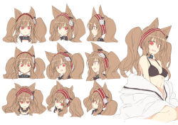 Rule 34 | 1girl, alternate costume, angelina (arknights), animal ears, arknights, bikini, black bikini, black collar, brown hair, collar, ear piercing, earpiece, expressions, fox ears, hairband, highres, infection monitor (arknights), jacket, long hair, looking at viewer, off shoulder, open mouth, piercing, red eyes, red hairband, satou kibi, simple background, sketch, smile, sweatdrop, swimsuit, tongue, tongue out, twintails, white background, white jacket