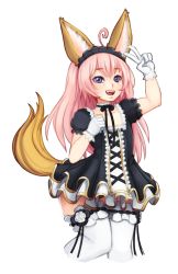 Rule 34 | 1girl, ahoge, animal ears, barbariank, blush, choker, cropped legs, elin, fang, flat chest, flower, fox ears, fox tail, frilled thighhighs, frills, gloves, gothic lolita, hairband, highres, lolita fashion, lolita hairband, long hair, pink hair, purple eyes, solo, tail, tera online, thighhighs, transparent background, v, white gloves, white thighhighs, wide hips