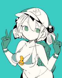 Rule 34 | 1girl, backpack, bag, bikini, blush, breasts, collarbone, double v, flat cap, gloves, green background, green bikini, green eyes, green gloves, hair between eyes, hair bobbles, hair ornament, hat, highres, kawashiro nitori, key, leaning forward, looking to the side, massakasama, medium breasts, navel, short twintails, solo, spot color, swimsuit, touhou, twintails, upper body, v