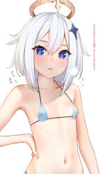 Rule 34 | 1girl, :d, bare arms, bare shoulders, bikini, blue eyes, blush, breasts, collarbone, commentary request, covered erect nipples, genshin impact, hair between eyes, hair ornament, hairclip, halo, hand on own hip, heavy breathing, kanzaki muyu, looking at viewer, micro bikini, navel, open mouth, paimon (genshin impact), parted lips, short hair, simple background, small breasts, smile, solo, star (symbol), star hair ornament, steam, string bikini, sweat, swimsuit, translation request, upper body, white background, white hair