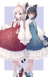 Rule 34 | 2girls, :d, animal ears, black hair, blue dress, blue footwear, blue hairband, blush, brown eyes, brown hair, commentary request, dress, frilled hairband, frills, hairband, half-closed eyes, highres, intertwined tails, long hair, long sleeves, multiple girls, open mouth, original, parted lips, puffy long sleeves, puffy sleeves, purple background, purple eyes, red dress, red footwear, red hairband, shirt, sleeves past wrists, smile, socks, standing, standing on one leg, tail, tokuno yuika, two-tone background, white background, white shirt, white socks