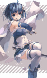 Rule 34 | 10s, 1girl, armband, belt, blue eyes, blue hair, cape, dual wielding, fortissimo, gloves, hair ornament, hairclip, holding, huanxiang huifeng, magical girl, mahou shoujo madoka magica, mahou shoujo madoka magica (anime), mahou shoujo madoka magica movie 1 &amp; 2, matching hair/eyes, miki sayaka, musical note, musical note hair ornament, nodata, open mouth, short hair, solo, soul gem, sword, thighhighs, weapon, zettai ryouiki