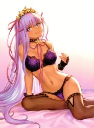 Rule 34 | 1girl, absurdres, alternate costume, arm support, bb (fate), bb (fate) (all), bb (swimsuit mooncancer) (fate), bb (swimsuit mooncancer) (second ascension) (fate), bed, bed sheet, black gloves, black thighhighs, bra, breasts, dated, earrings, fate/grand order, fate (series), fingerless gloves, floral print, gloves, gold trim, gradient background, hair ornament, hairband, head tilt, highleg, highleg panties, highres, jewelry, large breasts, licking lips, long hair, looking at viewer, mashuu (neko no oyashiro), nail polish, navel, on bed, panties, purple bra, purple eyes, purple hair, purple panties, purple ribbon, ribbon, rose print, scan, signature, sitting, solo, star (symbol), star earrings, star hair ornament, stomach, tan, thighhighs, thighs, tongue, tongue out, twitter username, underwear, underwear only, very long hair