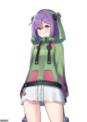 Rule 34 | 1girl, absurdres, alceid, artist name, blush, blush stickers, commission, dress, eien project, green eyes, hair ornament, hairclip, highres, hood, hoodie, looking at viewer, nose, purple hair, shirt, short hair, simple background, solo, thighs, virtual youtuber, white background, zumi dokumi