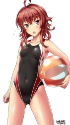 Rule 34 | 1girl, ahoge, arashi (kancolle), artist name, ball, beachball, black one-piece swimsuit, brown eyes, cameltoe, competition swimsuit, covered navel, cowboy shot, dated, flat chest, gluteal fold, hair between eyes, highres, kantai collection, kerchief, looking at viewer, messy hair, one-piece swimsuit, red hair, short hair, simple background, solo, standing, swimsuit, tsuchimiya, white background