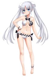 Rule 34 | 10s, 1girl, absurdres, alternate costume, barefoot, bikini, blue eyes, checkered bikini, checkered clothes, checkered swimsuit, contrapposto, full body, halterneck, hand on own hip, highres, long hair, miss monochrome, miss monochrome (character), silver hair, simple background, solo, standing, swimsuit, tonee, twintails, very long hair, white background, white bikini