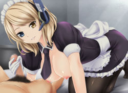Rule 34 | 1boy, 1girl, all fours, apron, black pantyhose, blonde hair, blue eyes, bow, breasts, breasts out, censored, detached collar, dress, frills, handjob, hanging breasts, headphones, hetero, heterochromia, large breasts, looking at viewer, maid, maid headdress, male pubic hair, mosaic censoring, necktie, nipples, nonaka ritsu, pantyhose, parted lips, penis, pubic hair, puffy short sleeves, puffy sleeves, renown (warship girls r), short hair, short sleeves, smile, solo focus, waist apron, warship girls r, yellow eyes