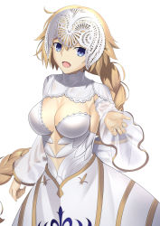 Rule 34 | 1girl, blonde hair, blue eyes, breasts, center opening, dress, fate/apocrypha, fate/grand order, fate (series), headpiece, highres, jeanne d&#039;arc (fate), jeanne d&#039;arc (lostroom outfit) (fate), jeanne d&#039;arc (ruler) (fate), large breasts, long hair, long sleeves, looking at viewer, lostroom outfit (fate), mishiro (ixtlolton), open mouth, outstretched arm, smile, solo, very long hair, white dress