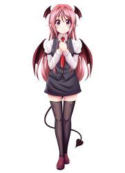 Rule 34 | 1girl, black thighhighs, demon tail, demon wings, full body, hands on own chest, head wings, highres, koakuma, miniskirt, red eyes, red hair, reimei (r758120518), skirt, smile, solo, straight-on, tachi-e, tail, thighhighs, touhou, transparent background, white background, wings, zettai ryouiki