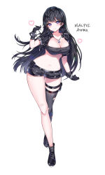 Rule 34 | 1girl, ara haan, artist name, bad id, bad pixiv id, bandaid, bandeau, bare legs, belt, belt pouch, black footwear, black gloves, black hair, black jacket, black shorts, boots, breasts, cleavage, closed mouth, collarbone, commission, crop top, cropped jacket, crossed legs, dog tags, elsword, full body, gloves, hand up, heart, highres, jacket, large breasts, long hair, looking at viewer, mal poi, micro shorts, midriff, navel, open clothes, open jacket, pouch, purple eyes, short sleeves, shorts, simple background, single thighhigh, smile, solo, standing, stomach, thigh strap, thighhighs, thighs, torn clothes, torn thighhighs, very long hair, watson cross, white background