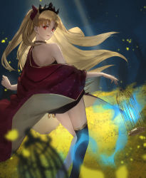 Rule 34 | 1girl, absurdres, aito, birdcage, black thighhighs, blonde hair, cage, cape, commentary request, ereshkigal (fate), fate/grand order, fate (series), flower, from behind, highres, holding, holding cage, jewelry, long hair, looking at viewer, red cape, red eyes, single thighhigh, thighhighs, two side up, yellow flower