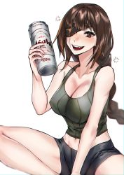 Rule 34 | 1girl, absurdres, bad id, bad twitter id, bare arms, beer can, blonde hair, blush, breasts, brown eyes, brown hair, can, cleavage, drink can, eyepatch, girls&#039; frontline, green tank top, highres, holding, holding can, large breasts, long hair, looking at viewer, m16a1 (girls&#039; frontline), mole, mole under eye, navel, open mouth, shorts, simple background, solo, squeans, tank top, teeth, white background, xanax025
