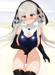 Rule 34 | 1girl, alternate costume, azur lane, black gloves, black thighhighs, blush, breasts, commentary request, commission, cum, cum on body, daichi (tokoya), elbow gloves, formidable (azur lane), gloves, grey hair, groin, highres, large breasts, long hair, looking at viewer, nipples, red eyes, skeb commission, solo, thighhighs, twintails
