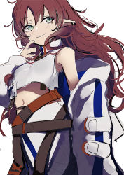 Rule 34 | 1girl, arknights, bare shoulders, brown hair, closed mouth, crop top, ear piercing, green eyes, highres, jacket, long hair, midriff, myrtle (arknights), navel, off shoulder, open clothes, open jacket, parted bangs, piercing, pointy ears, shirt, skirt, sleeveless, sleeveless shirt, smile, solo, tetuw, very long hair, white jacket, white shirt, white skirt