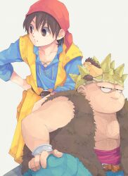 Rule 34 | 29qmatatavi, 2boys, animal, animal on head, bandana, bare shoulders, belt, belt buckle, blue shirt, bracelet, brown eyes, brown hair, buckle, chest hair, closed mouth, coat, collarbone, dragon quest, dragon quest viii, facial scar, fat, fat man, grey background, hand on own hip, hero (dq8), highres, jewelry, male focus, mouse (animal), multiple boys, munchie (dq8), on head, open clothes, open coat, parted lips, pectorals, red bandana, sash, scar, scar on cheek, scar on face, shirt, short hair, spiked helmet, yangus, yellow coat