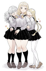 3girls :o black_skirt blonde_hair blush braid breasts closed_eyes curvy flower fuyusaka_iori glasses grey_eyes hair_flower hair_ornament hug hug_from_behind izumi_(nagashi) juusan_kihei_bouei_ken kisaragi_tomi kneehighs loafers long_hair long_sleeves medium_breasts multiple_girls neckerchief open_mouth pantyhose pleated_skirt red-framed_eyewear sailor_collar sawatari_miwako school_uniform serafuku shoes skirt socks thick_thighs thighs twin_braids wavy_hair white_flower white_hair yuri