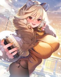 Rule 34 | 1girl, :d, absurdres, animal ears, arrow (tamawo222), ass, black pantyhose, blonde hair, blush, braid, breasts, can, dress, highres, large breasts, long hair, looking at viewer, nail polish, open mouth, original, pantyhose, purple nails, red eyes, smile, snow, solo, teeth, tiger ears, turtleneck, turtleneck dress, yellow nails