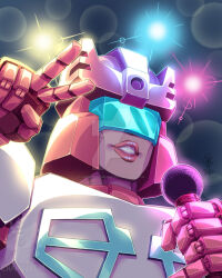 Rule 34 | 1girl, candychamalion, caseywcoller, flashlight, helmet, highres, humanoid robot, microphone, pink lips, robot, rosanna (transformers), solo, thick lips, transformers, v, visor cap