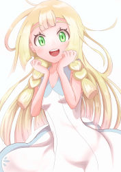 Rule 34 | 1girl, :d, absurdres, blonde hair, blunt bangs, blush, braid, breasts, collarbone, collared dress, creatures (company), dress, eyelashes, game freak, green eyes, hands up, highres, lillie (pokemon), long hair, looking at viewer, nintendo, open mouth, pokemon, pokemon sm, rono (lethys), sleeveless, sleeveless dress, smile, solo, sundress, teeth, tongue, twin braids, upper teeth only, white dress