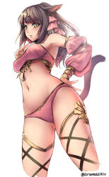 Rule 34 | 10s, 1girl, animal ears, aruma jiki, blush, brown hair, detached sleeves, final fantasy, final fantasy xiv, groin, jewelry, long hair, looking at viewer, miqo&#039;te, navel, parted lips, simple background, solo, tail, twitter username, warrior of light (ff14), white background, yellow eyes