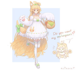 Rule 34 | 1girl, absurdly long hair, animal ear fluff, animal ears, animal hands, animal print, artist name, astrocatsama, basket, blonde hair, blue background, bow, bowtie, bread, breasts, bubble skirt, bun (food), chibi, chibi inset, cleavage, closed mouth, collarbone, commentary, dog ears, dog tail, dress, elbow gloves, english commentary, english text, eyelashes, floppy ears, food, footwear bow, frilled dress, frills, full body, fur gloves, gloves, green bow, green bowtie, hair bow, high ponytail, highres, holding, holding basket, leg up, light blush, long hair, looking at viewer, medium breasts, melon bread, multiple views, original, paw gloves, rabbit print, ribbon-trimmed dress, ribbon-trimmed thighhighs, ribbon trim, shoes, short dress, short ponytail, simple background, skirt, smile, strapless, strapless dress, tail, tail bow, tail ornament, thighhighs, two-tone background, very long hair, white background, white dress, white footwear, white gloves, white thighhighs, yellow eyes, zettai ryouiki