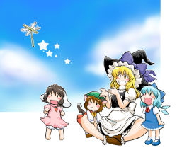 Rule 34 | 4girls, animal ears, azuki osamitsu, barefoot, blonde hair, blue hair, brown hair, cat ears, cat girl, cat tail, chen, chibi, cirno, dress, earrings, female focus, gradient background, grin, hat, inaba tewi, jewelry, kirisame marisa, multiple girls, outdoors, rabbit ears, short hair, sky, smile, tail, touhou, underwear, white background, wings, witch, witch hat, yellow eyes